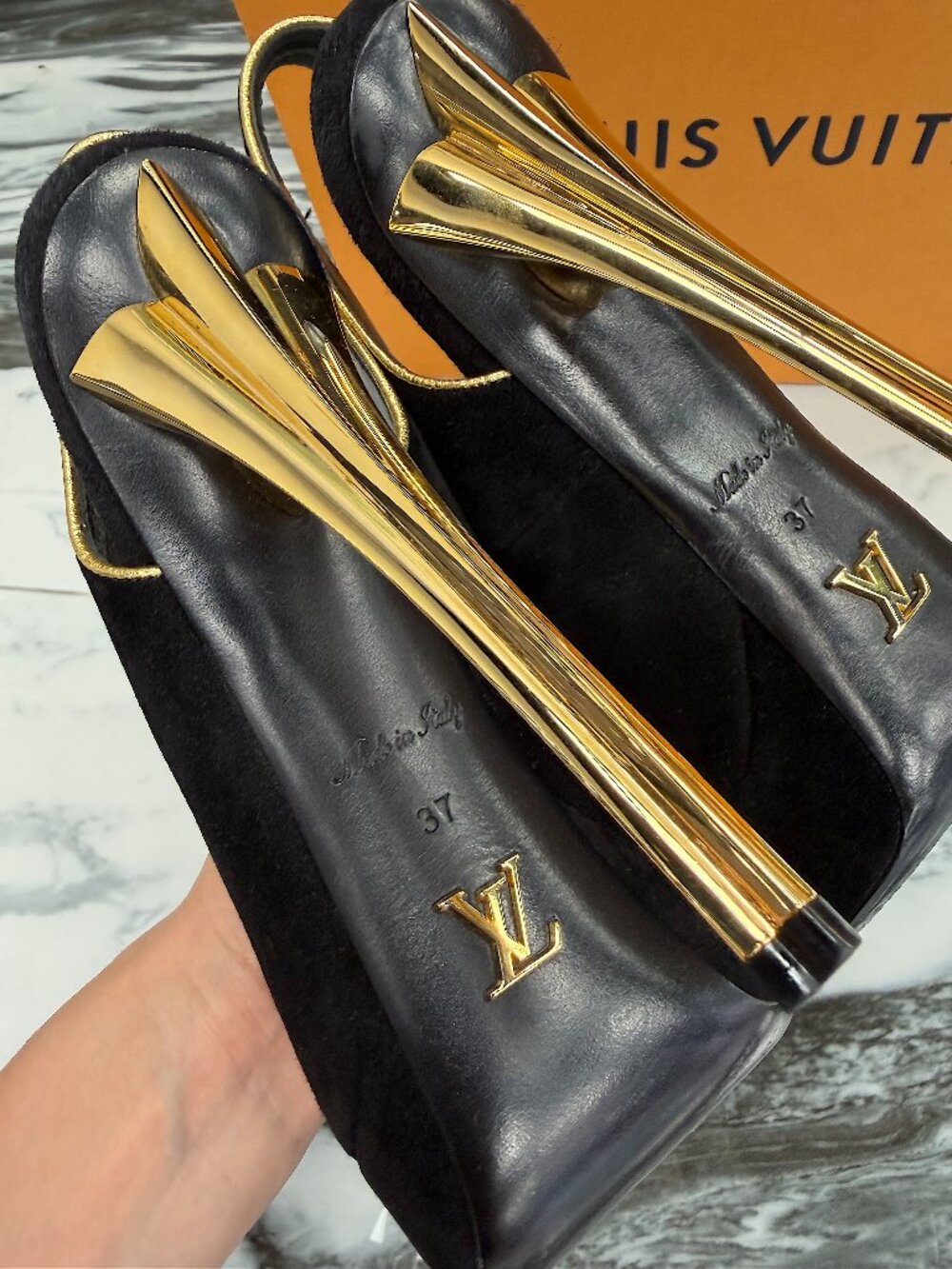 Louis Vuitton Black Suede Platform Heels Gold Heel Peep Toe Pumps Size 37 - Picture 5 of 16